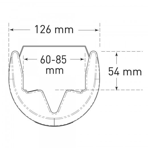 Technische Zeichnung: Querschnitt eines Anfahrschutzes mit Maßen 126 mm Breite, 54 mm Höhe, Innenmaß 60–85 mm.