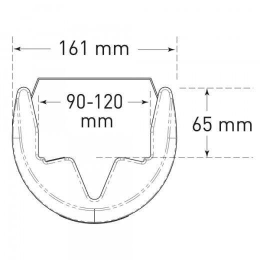 Technische Zeichnung: Querschnitt eines Anfahrschutzes mit 161 mm Breite, 65 mm Höhe, Innenmaß 90–120 mm.
