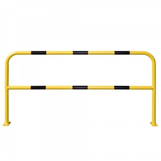 Gelb-schwarze Schutzbarriere aus Stahl mit zwei Querstreben, freistehend vor weißem Hintergrund, dient zur Bereichsabgrenzung.