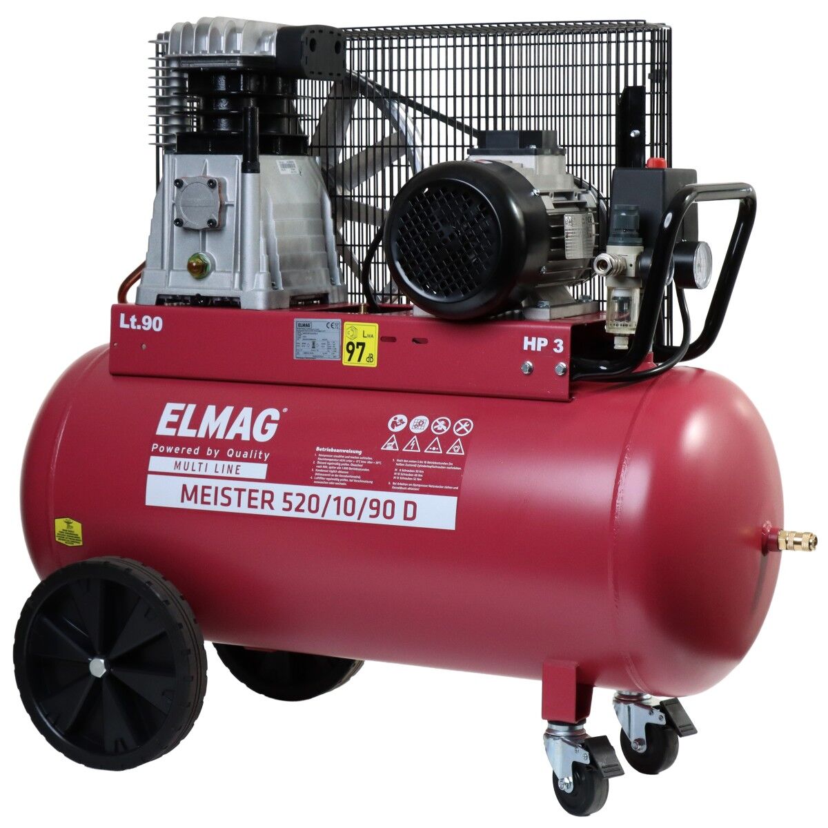 Roter ELMAG MEISTER 520/10/90 D Kompressor mit 90-Liter-Tank, Motor, Manometern, Schutzgitter und Rädern auf weißem Hintergrund.