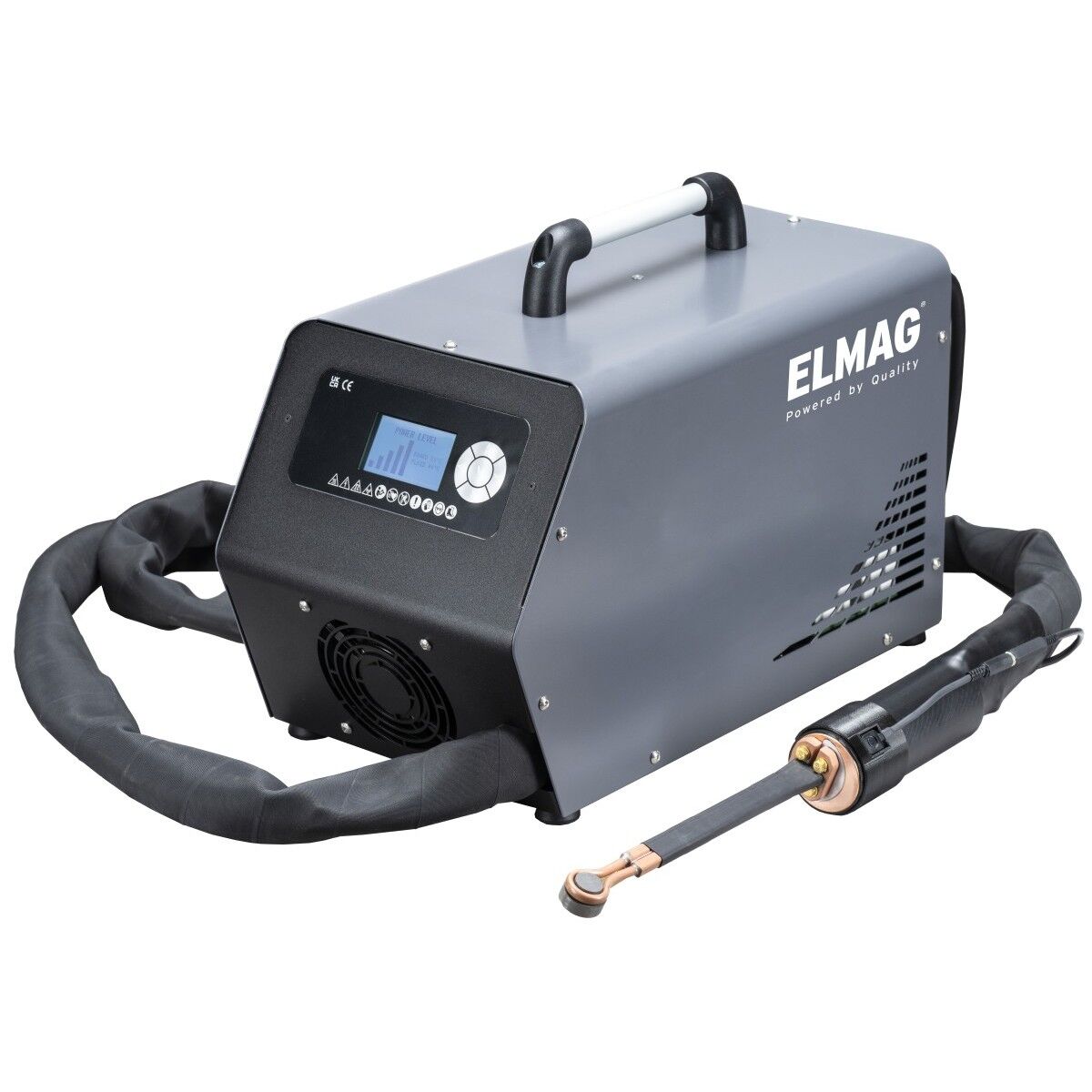 Graues tragbares ELMAG Induktionsheizgerät mit LCD-Display, Griff, Lüfteröffnung und angeschlossenem Heizschlauch auf weißem Hintergrund.
