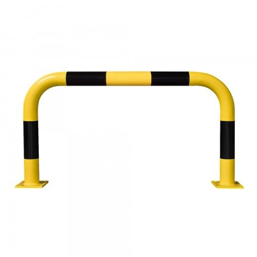 Gelb-schwarzer Rammschutzbügel in U-Form mit Bodenplatten zur Befestigung, dient dem Anfahrschutz in Lager- und Industriebereichen