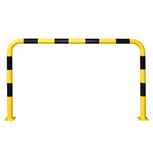 Gelb-schwarzer Rammschutzbügel in U-Form mit Bodenplatten zur Befestigung, dient dem Anfahrschutz in Lager- und Industriebereichen