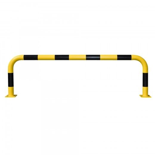 Gelb-schwarze Sicherheitsbarriere aus Metall mit gebogenen Enden zur Bodenmontage, genutzt zur Abgrenzung oder Absperrung