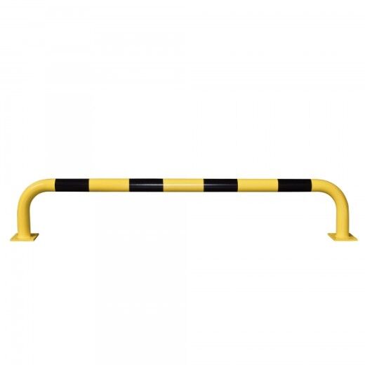 Gelb-schwarze Sicherheitsbarriere aus Metall mit gebogenen Enden zur Bodenmontage, genutzt zur Abgrenzung oder Absperrung