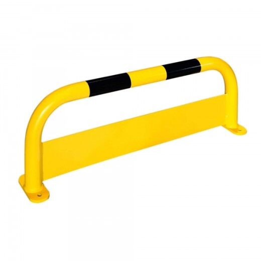 Gelb-schwarze Schutzbügel-Barriere aus Metall zur Bodenmontage, dient der Absicherung von Bereichen.