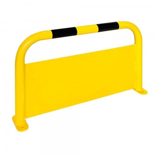 Gelb-schwarze Schutzbarriere aus Metall zur vertikalen Montage, dient der Absicherung von Maschinen oder Wegen.