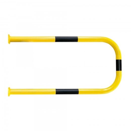 Langer, gelber U-förmiger Rohrbügel mit zwei schwarzen Streifen und Befestigungslöchern, horizontal ausgerichtet, vor weißem Hintergrund.
