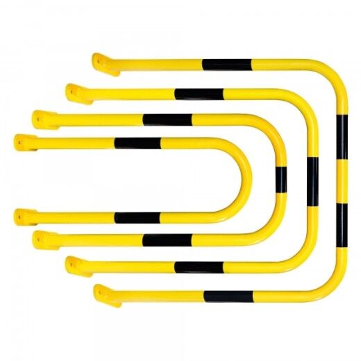 Vier gelbe U-förmige Rohrbügel mit schwarzen Streifen in aufsteigender Größe, waagrecht ausgerichtet, vor weißem Hintergrund.
