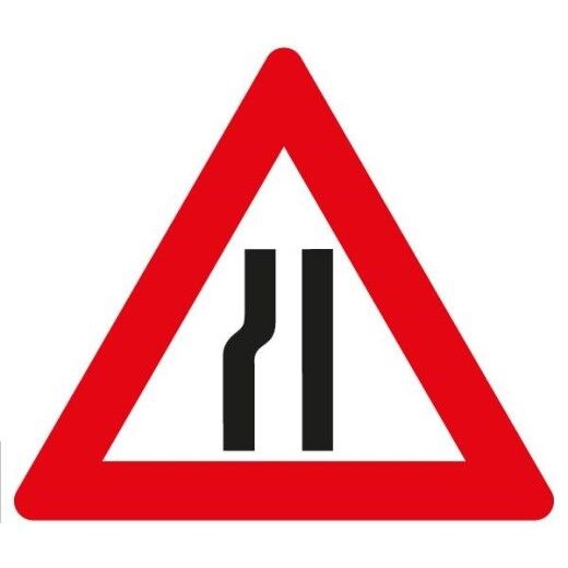Verkehrsschild mit rotem Dreieck und schwarzem Symbol für Fahrbahnverengung links.