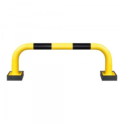 Robuster Rammschutzbügel in Gelb mit schwarzen Warnmarkierungen – idealer Schutz für Maschinen, Regale und Verkehrsbereiche.