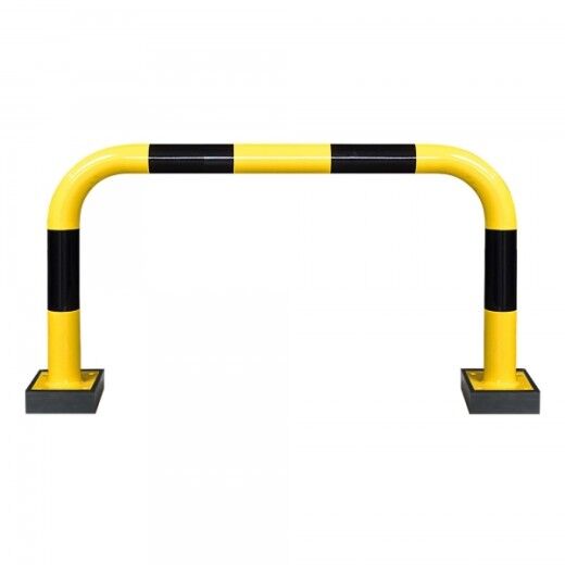 Rammschutzbügel in Gelb mit schwarzen Warnstreifen – für effektiven Schutz von Maschinen, Regalen und Durchfahrten in Industrieumgebungen.