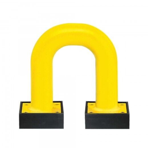 Robuste U-förmige Rammschutzbügel aus Stahl in Signalgelb mit schwarzem Sockel – ideal für Lager- und Industriehallen.