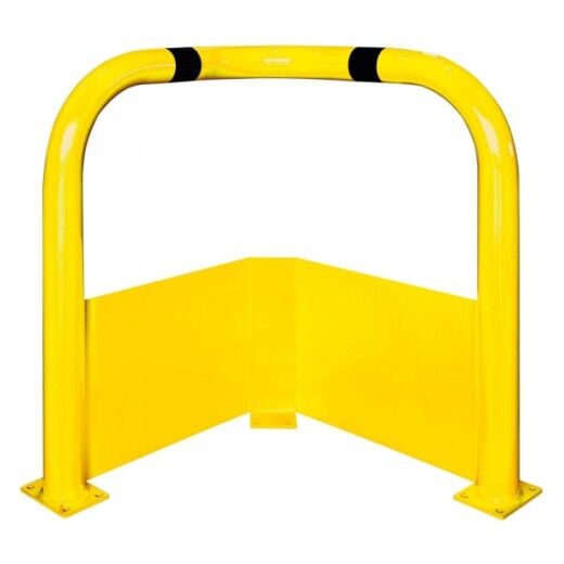 Eck-Rammschutzbügel aus robustem Stahl – gelb pulverbeschichtet mit schwarzen Warnmarkierungen. Ideal für den Schutz sensibler Bereiche in Innenräumen.