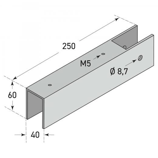Technische Zeichnung eines Montagebügels mit Bohrungen und Maßangaben in Millimetern.
