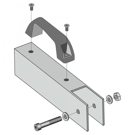 Explosionszeichnung einer Montageeinheit mit Griff, Schrauben, Unterlegscheiben und Muttern.