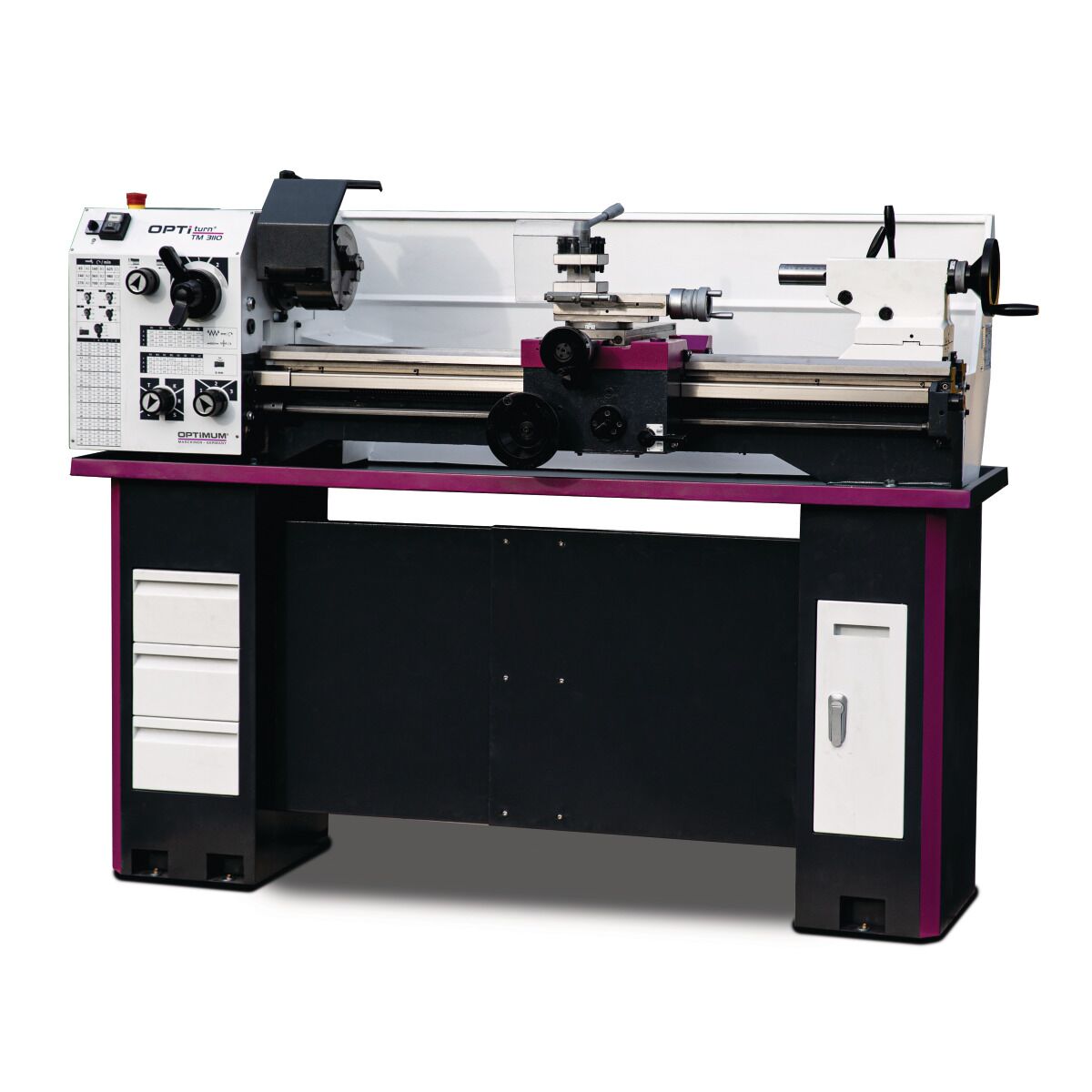 Drehmaschine auf stabilem Untergestell mit Schubladen und Tür.