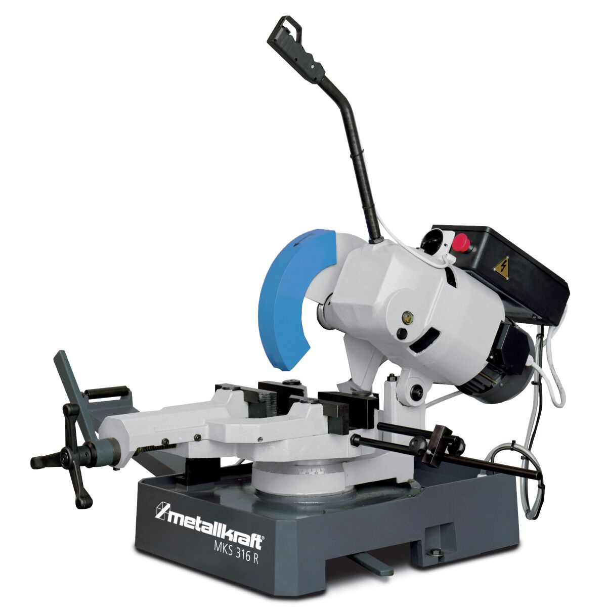 Metallkreissäge MKS 316 R mit blauem Sägeblatt, Spannvorrichtung, Handhebel und Steuerkasten mit Not-Aus und Bedienelementen.