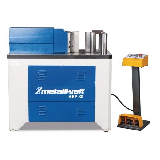 Metallkraft HBP 30 Profilbiegemaschine mit seitlich stehendem gelbem Fußpedal.
