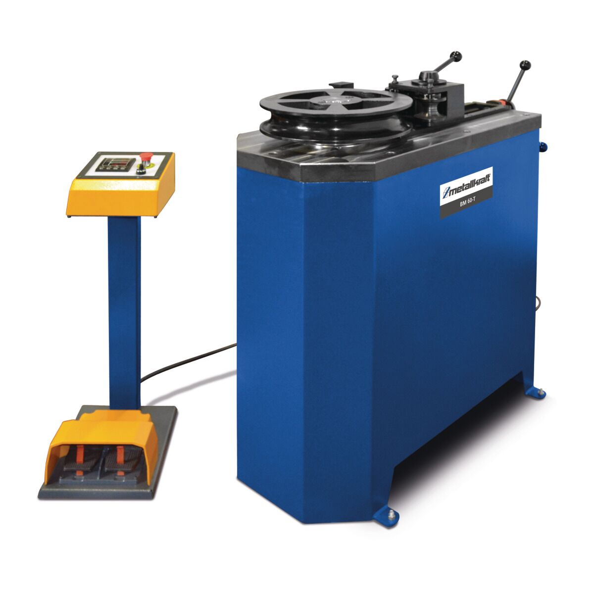 Seitenansicht einer blauen Rohrbiegemaschine mit Bedieneinheit und Fußschalter.