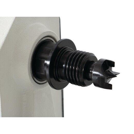 Nahaufnahme des montierten Mitnehmers mit zentrischem Dorn am Spindelkopf.