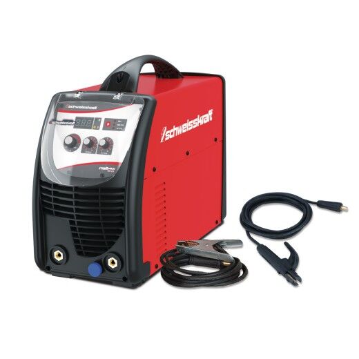 Rotes Schweißgerät mit Tragegriff, Bedienfeld vorne und zwei Anschlussbuchsen, Kabel liegen daneben.