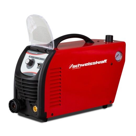 Rotes Plasmaschneidgerät mit schwarzer Front, Tragegriff und seitlichem Manometer, transparente Schutzabdeckung geöffnet.