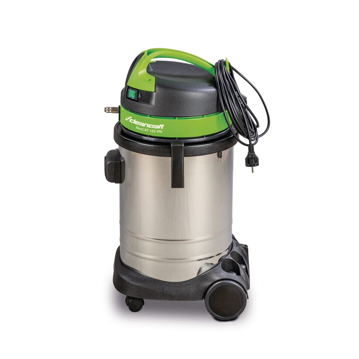 Nass-/Trockensauger Cleancraft flexCAT 133 IPD, Seitenansicht mit grünem Deckel.