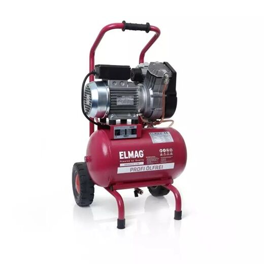 Mobiler, roter ELMAG-Kompressor der Serie "BOY", ölfrei, mit Handgriff, zwei Rädern und liegendem Druckbehälter, für den professionellen Einsatz.
