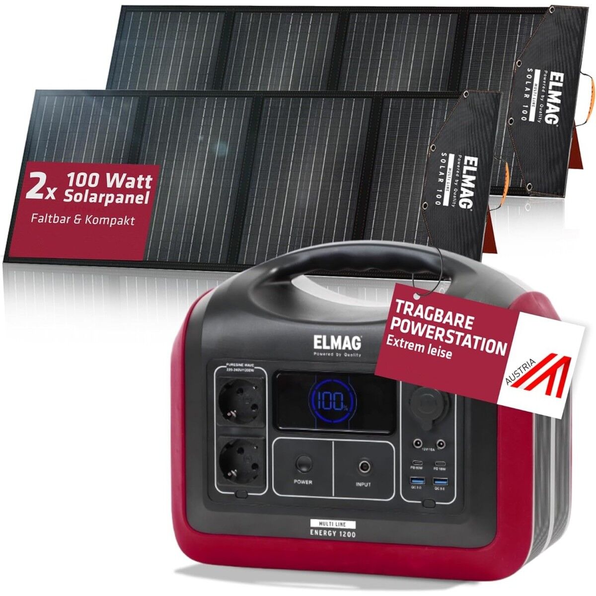 ELMAG ENERGY 1200 mit zwei 100 W Solarpanels, tragbare Powerstation, kompakt, leise, 3 Jahre Garantie.