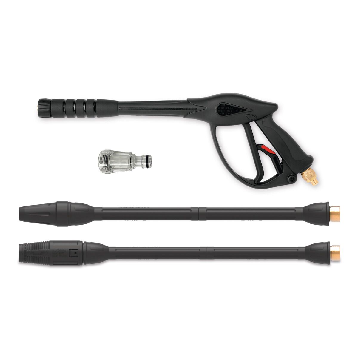 Zubehörset für Hochdruckreiniger bestehend aus Spritzpistole, zwei Lanzen und Wasserfilter.