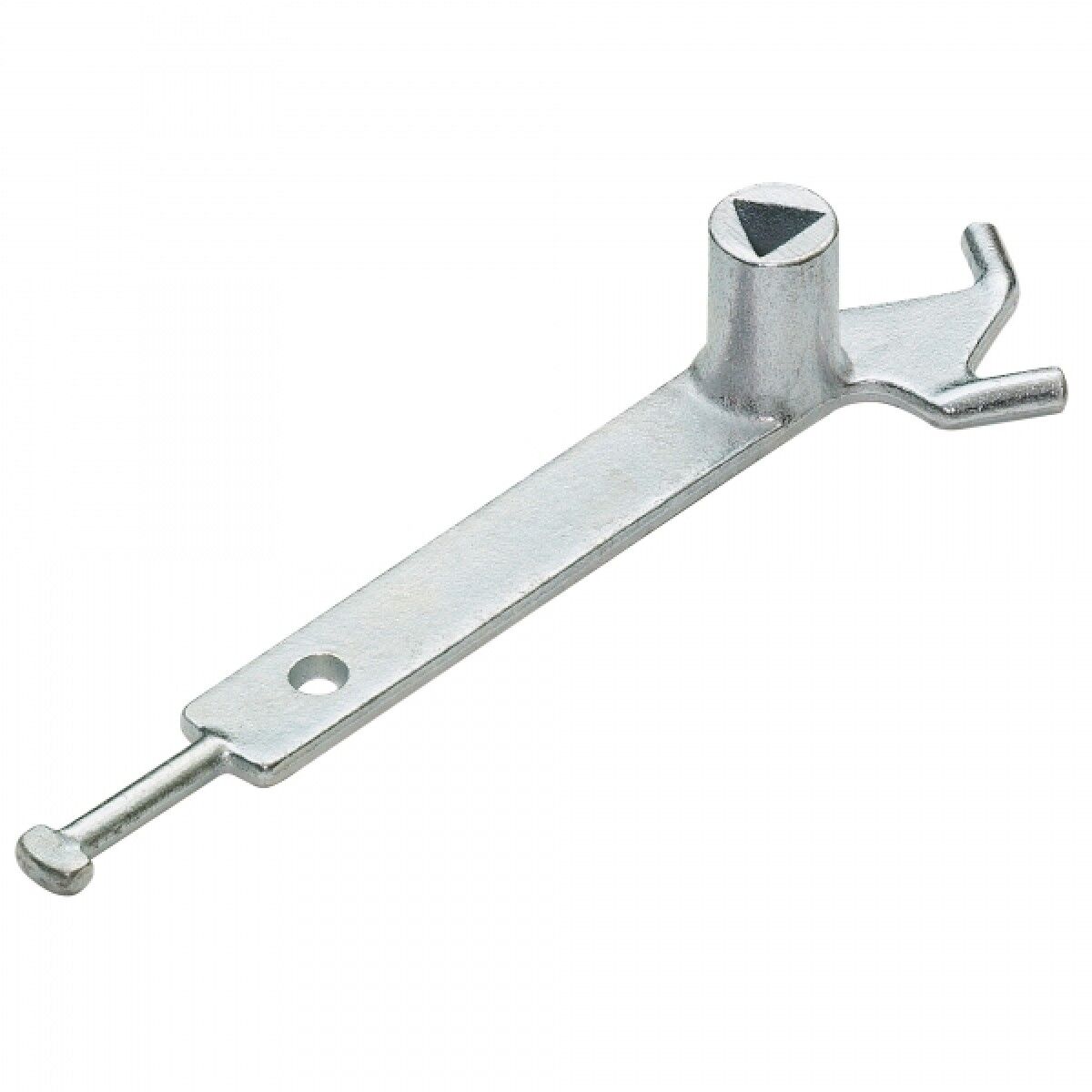 Metall-Schlüsselwerkzeug mit langem Flachhebel, Drehknopf mit Dreieckmarkierung, Loch im Hebel und Hakenende, vor weißem Hintergrund.