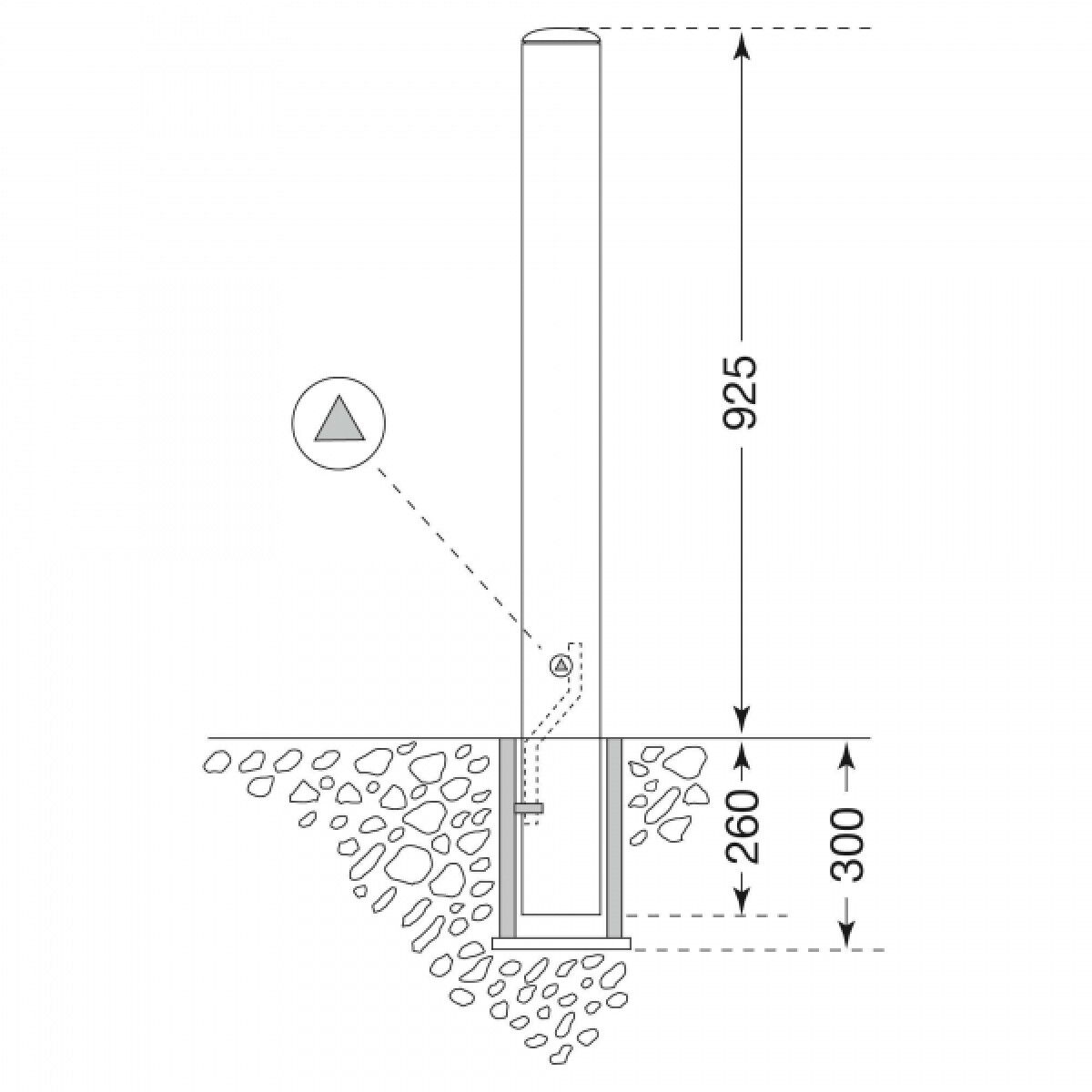 Schnittzeichnung: Pfosten in Bodenhülse mit Verriegelung (Detail A); 925 mm über Boden, 260 mm Einstecktiefe, 300 mm Grubentiefe.