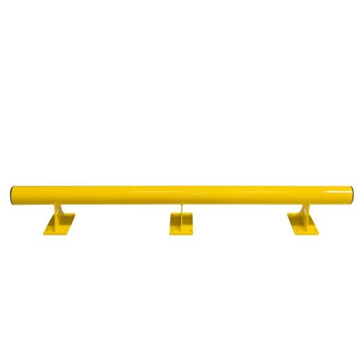 Freistehende gelbe Sicherheitsbarriere aus Metall mit drei Bodenhaltern, dient dem Anfahrschutz in Industrie- und Lagerbereichen.