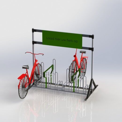 Zweireihiger Fahrradständer mit grünem Ladesymbol, zwei roten Rädern und Schild „Laad hier uw fiets op“.