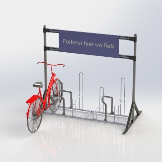 Fahrradständer mit Werbetafel, ein rotes Fahrrad ist geparkt. Auf der Tafel steht: „Parkeer hier uw fiets“.