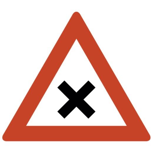 Verkehrsschild mit rotem Dreieck und schwarzem Kreuz für Kreuzung.