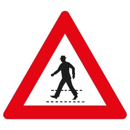 Verkehrsschild mit rotem Dreieck und einen Mann, das auf Fußgängerübergang hinweist.