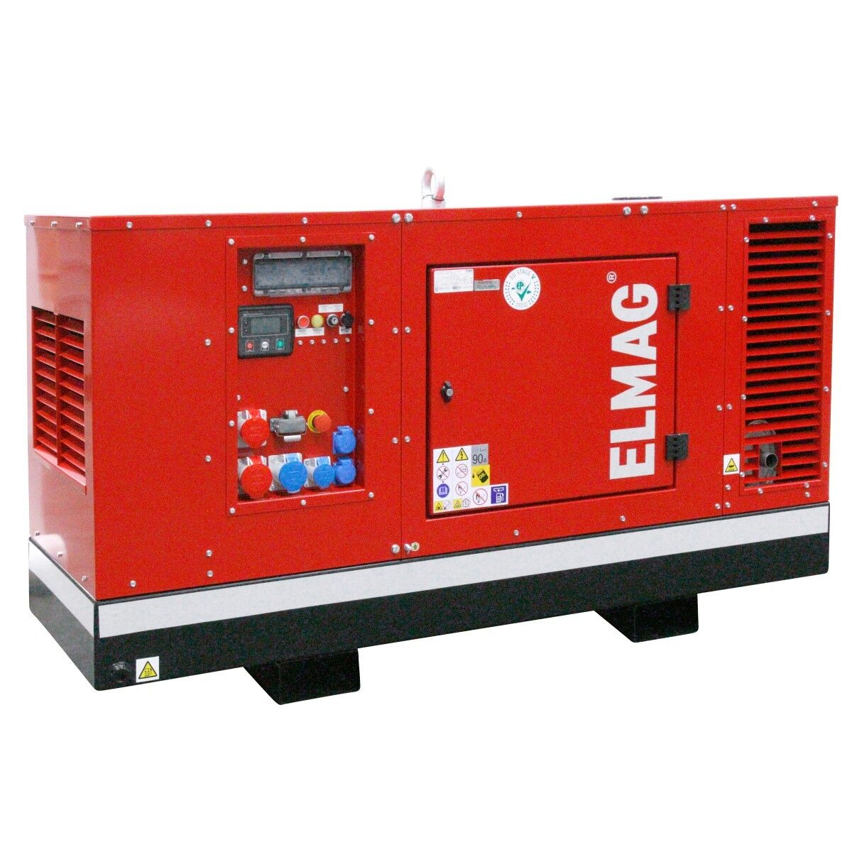 Geschlossener roter Stromgenerator mit seitlichem Bedienfeld, mehreren Steckdosen und Lüftungsgittern auf stabilem Sockel.