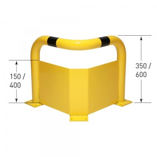 Winkel-Schutzbügel mit Anfahrschutzblech in Gelb/Schwarz – Maße: 150/400 mm Blechhöhe, 350/600 mm Gesamthöhe. Ideal für Ecken und Maschinenbereiche.