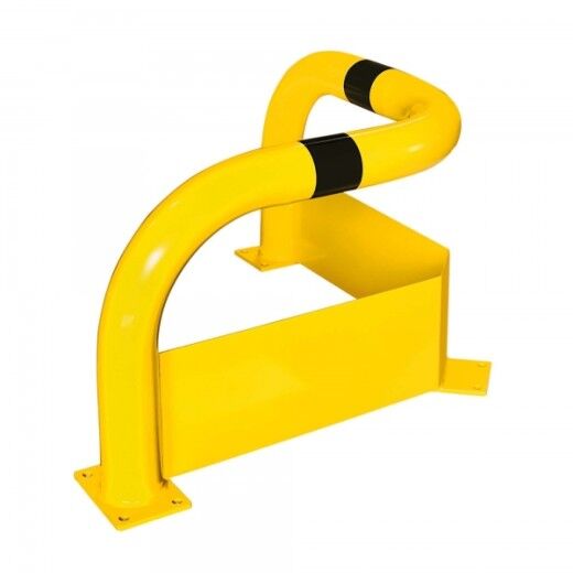 Rammschutzbügel für Ecken – gelb beschichteter Stahlbügel mit schwarzer Warnmarkierung, schützt empfindliche Bereiche zuverlässig vor Anfahrschäden.