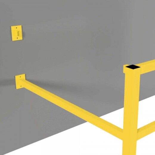 Gelbes Schutzgeländer trifft auf graue Wand mit zwei Wandhalterungen zur Befestigung von Querstangen.