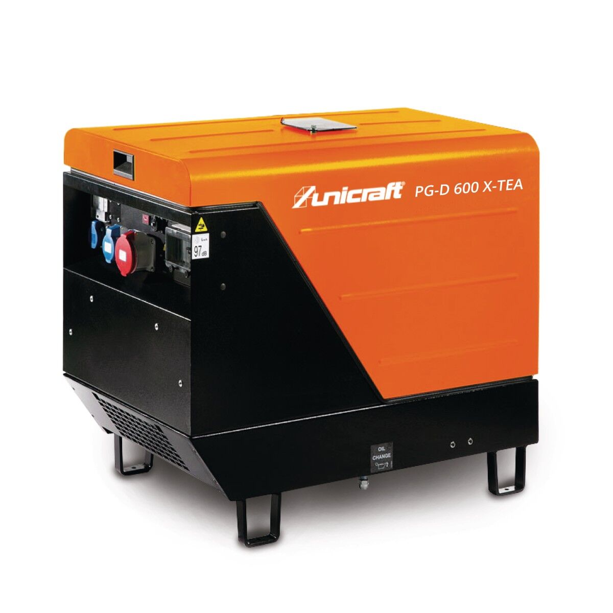 Geschlossener Dieselgenerator in Schwarz und Orange mit Unicraft-Logo und Modellbezeichnung, auf stabilen Standfüßen und mit Steuerungspanel vorne.