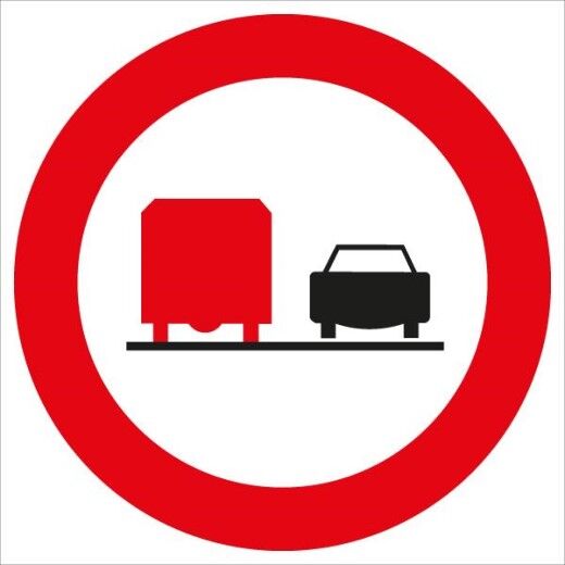 Weißer Kreis mit rotem Rand, darin ein LKW in rot links, rechts ein Auto in schwarz. Bedeutet: Überholen für Lastkraftfahrzeuge verboten.