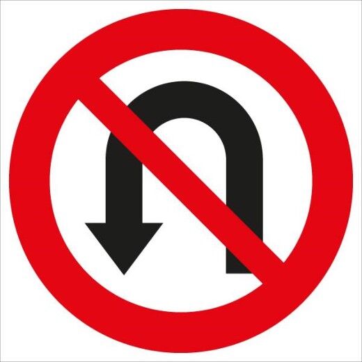 Verkehrsschild mit rotem Kreis und rotem Schrägstrich über schwarzem U-förmigen Pfeil