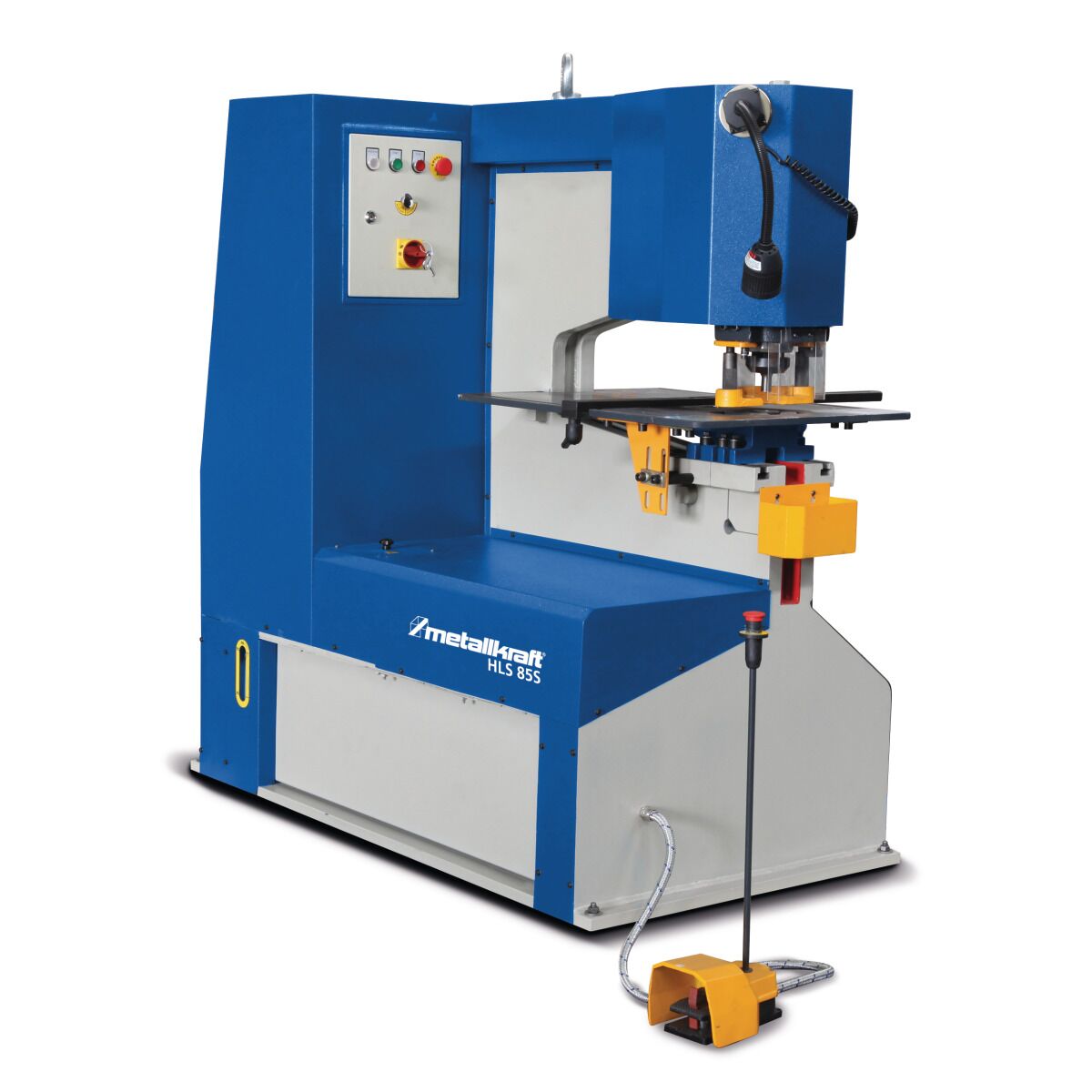 Seitenansicht der Hydraulikstanze Metallkraft HLS 85 S mit Bedieneinheit.