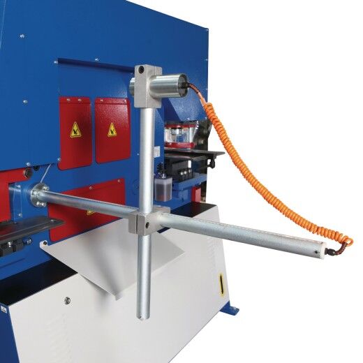 Detailaufnahme einer T-förmigen Anschlageinheit mit Spiralkabel.