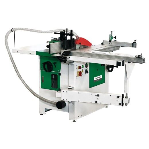 Seitliche Nahaufnahme der Formatkreissäge mit rotem Sägeblatt und verschiebbarem Anschlag auf dem Tisch.