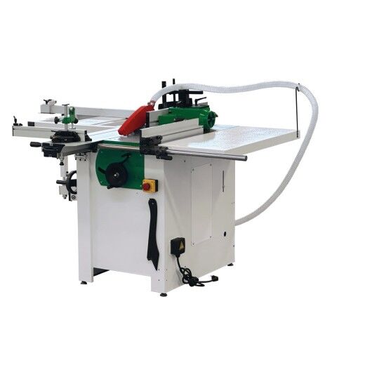 Rückseitige Ansicht der Formatkreissäge mit roter Schutzhaube über dem Sägeblatt und langen Tischverlängerungen.