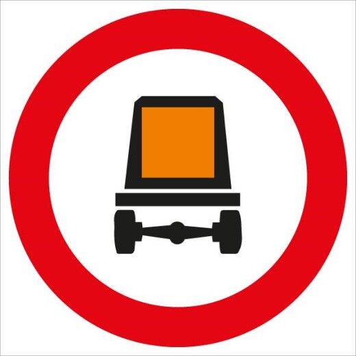 Verkehrszeichen: Weißer Kreis mit rotem Rand, schwarzes LKW mit oranger Tafel. Bedeutet: Fahrverbot für Fahrzeuge mit gefährlichen Gütern.
